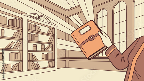Hand Holding a Book in a Vintage Library Setting.
