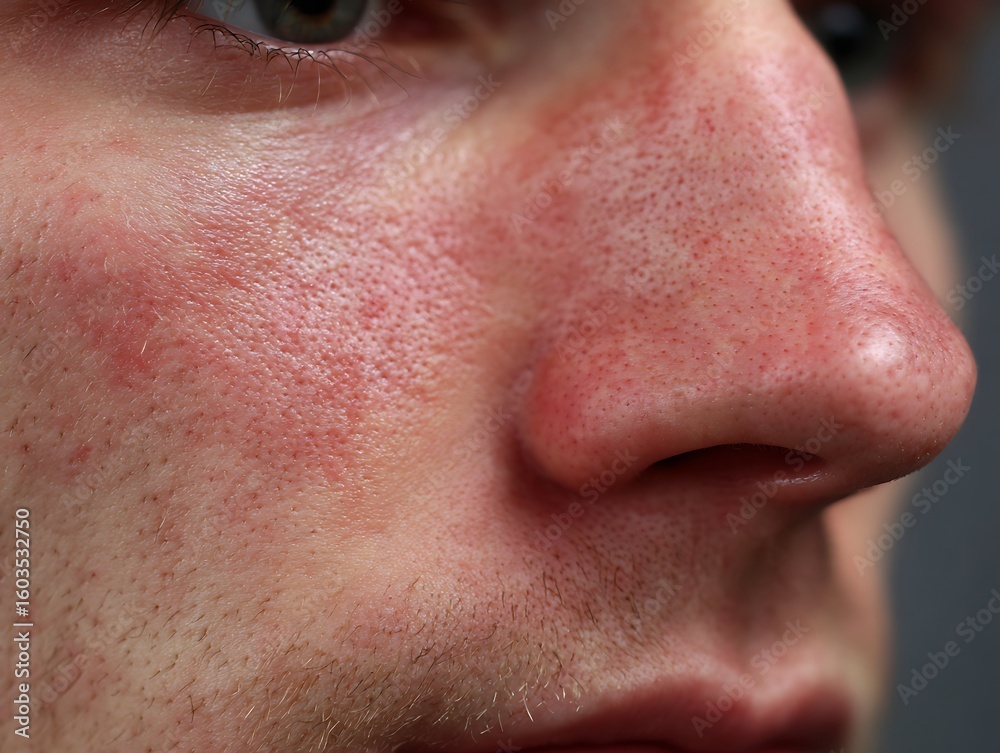 Fototapeta premium There is a red rash around the nose, small red rash around the nose and along the cheeks.