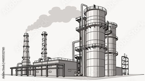 Industrial Plant Depicting Smokestacks and Processing Towers.