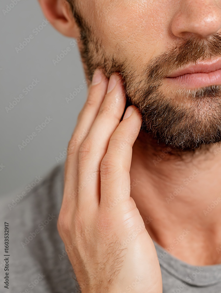 Naklejka premium Itchy jawline. Man rubs jawline due to invisible itching.