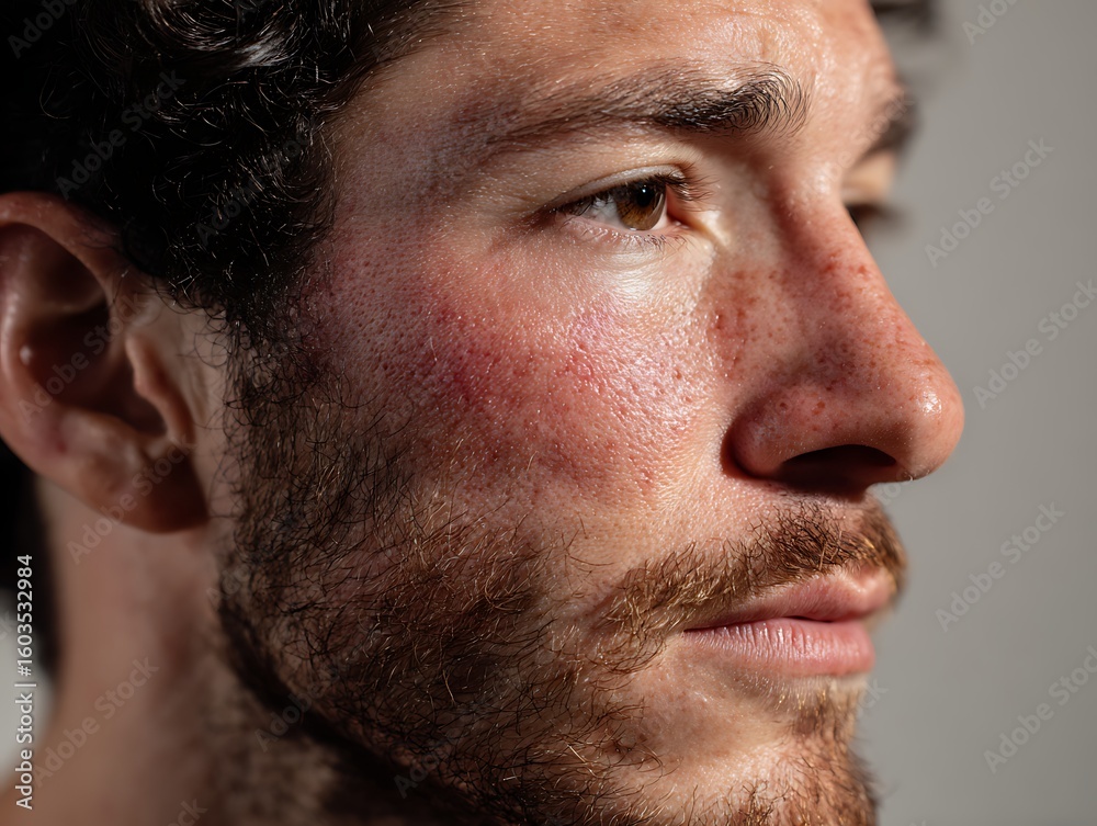 Obraz premium Red skin after being exposed to an allergic cream, red face from an allergic reaction to a skin care product