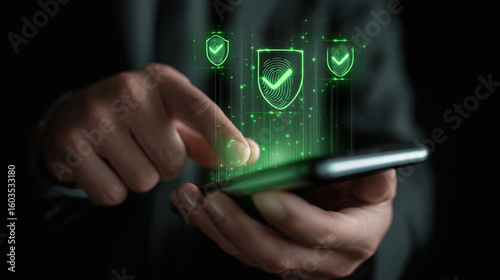 A user authenticating with multi-factor security.	A person uses a smartphone, and a holographic interface shows multiple layers of security (password, fingerprint, face scan) being verified.
