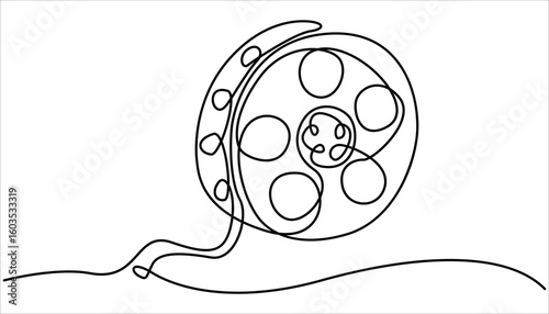 One continuous line drawing of film reel with long tape. Retro old movie and cinema roll in simple linear style. Continuous one line drawing cinema film strip. Vintage cinema element isolated.
