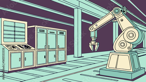 Industrial Robotic Arm and Control Panel in Factory Setting.