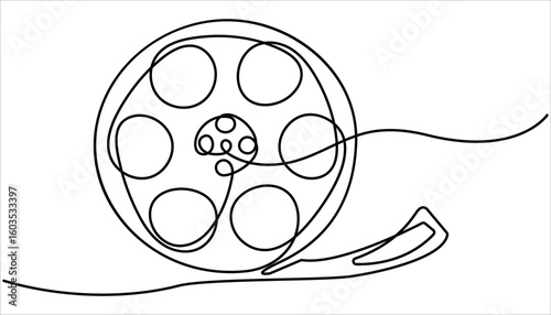 One continuous line drawing of film reel with long tape. Retro old movie and cinema roll in simple linear style. Continuous one line drawing cinema film strip. Vintage cinema element isolated.