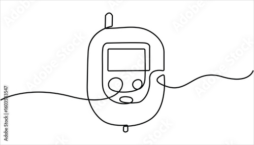 One continuous line drawing of Blood glucose meter test illustration.  Continuous single line drawing of glucometer for monitoring blood sugar. Glucometer one line drawing. Single continuous diabetes 