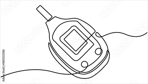 One continuous line drawing of Blood glucose meter test illustration.  Continuous single line drawing of glucometer for monitoring blood sugar. Glucometer one line drawing. Single continuous diabetes 