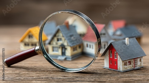 A house with a magnifying glass symbolizing property value assessment and detailed inspection of real estate
