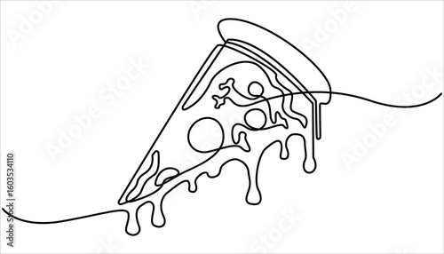 
One line Drawing or illustration of slice of pizza with pepperoni and mushrooms, Pizzeria Continuous Line Illustration, One line drawing illustration of Italian pizza. Fast food, junk food pro.