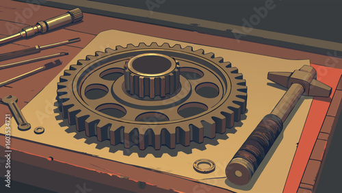 Vintage Gear and Tools on a Workshop Table.