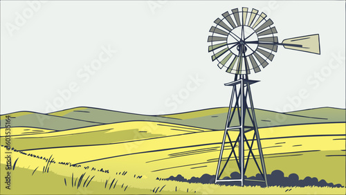 Vintage Windmill on Rolling Hills Landscape Illustration.