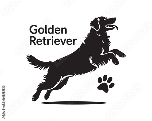 A black silhouette of a golden retriever jumping with a paw print on a white background design