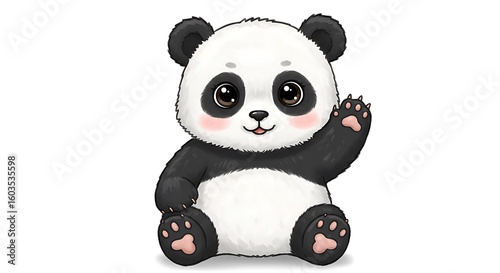 Cute Cartoon Panda Waving with a Sweet Smile on White Background