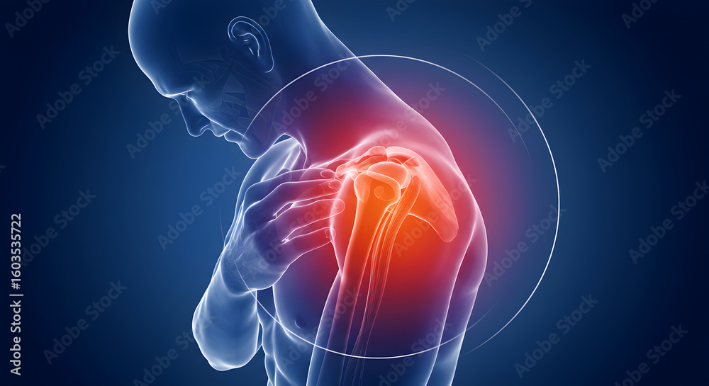 Fototapeta premium Shoulder Pain Indication in a Digital Anatomy Illustration Against a Blue Background Featuring Translucent Bone and