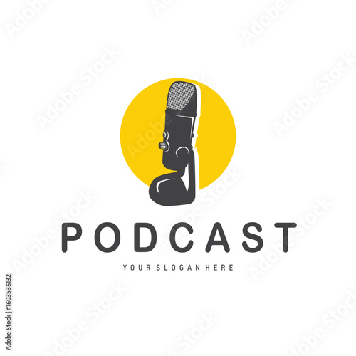 Microphone logo design, black silhouette concept of condenser microphone for podcast, simple vintage and modern design for business brand illustration template or poster