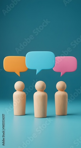 Three wooden figures stand beneath vibrant speech bubbles a blue backdrop, communication, ideas, collaborative discussions. 3D render of three wooden figures standing in front of a blue wal