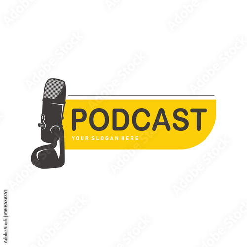Microphone logo design, black silhouette concept of condenser microphone for podcast, simple vintage and modern design for business brand illustration template or poster