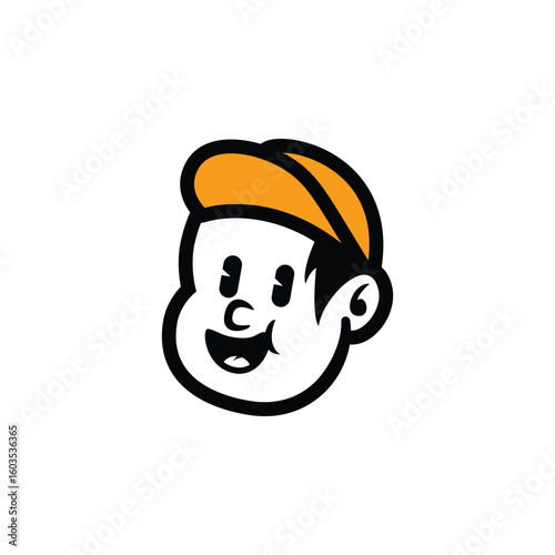 Cute cartoon boy face with orange cap and friendly smile. Simple vector mascot logo for kids brand, food packaging, streetwear, or fun branding. Editable EPS design
