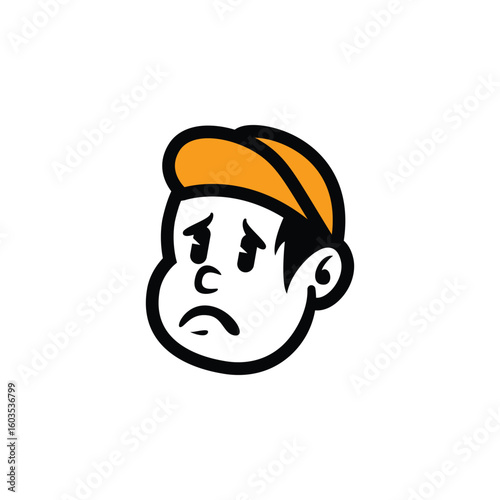 Cute cartoon boy face with orange cap and friendly smile. Simple vector mascot logo for kids brand, food packaging, streetwear, or fun branding. Editable EPS design
