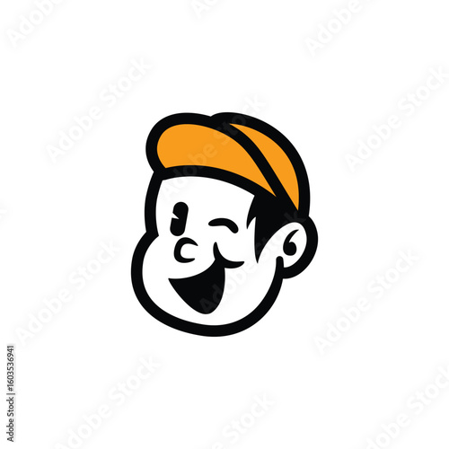 Cute cartoon boy face with orange cap and friendly smile. Simple vector mascot logo for kids brand, food packaging, streetwear, or fun branding. Editable EPS design