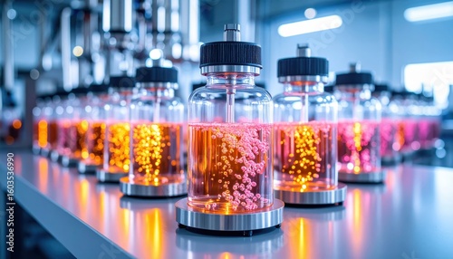 Wallpaper Mural Rows of glass bottles filled with glowing liquids in a high-tech laboratory setting, showcasing advanced scientific research. Torontodigital.ca