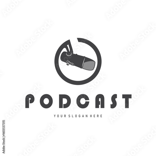 Microphone logo design, black silhouette concept of condenser microphone for podcast, simple vintage and modern design for business brand illustration template or poster