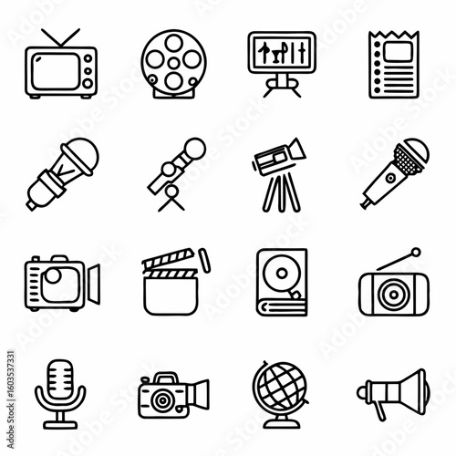 Media production equipment icons set vector illustration for video tv film radio and audio recording studio