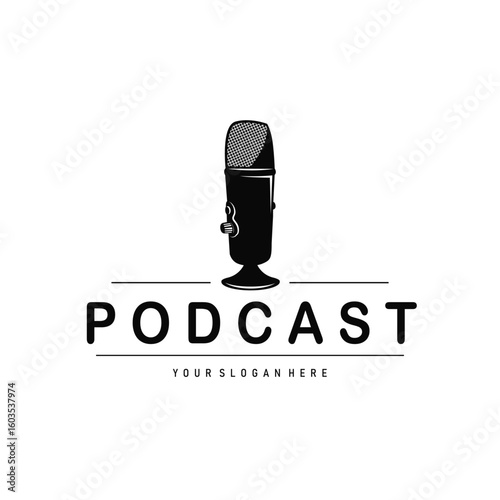 Microphone logo design, black silhouette concept of condenser microphone for podcast, simple vintage and modern design for business brand illustration template or poster