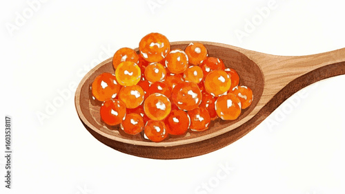 Garnet Nest Red caviar in a wooden spoon isolated watercolor vector illustration svg