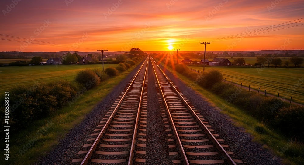 Obraz premium Railway Journey at Sunset: A Path Towards the Horizon of Hope and Dream