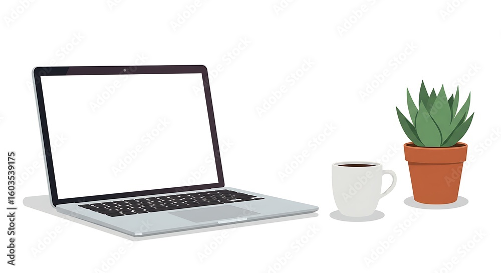 Fototapeta premium Laptop Mockup with Plant and Coffee Cup on White Background