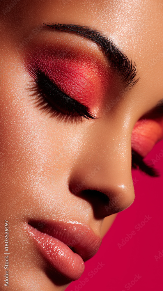 Fototapeta premium young woman model eye makeup false lashes fuchsia red pink sorbet bright background lips lipstick gloss mascara cosmetics brand marketing social media post format vertical mobile