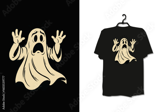 Startled Cartoon Ghost Halloween Design – Wide-Eyed Floating Spirit with Open Mouth and Raised Arms Illustration for Spooky Merch