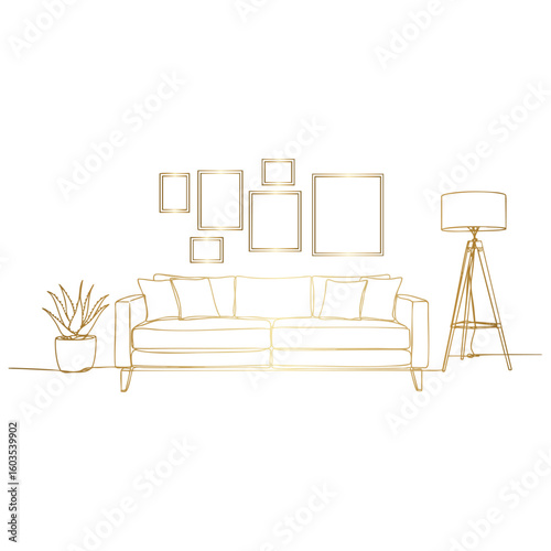 Golden Interior Outline with Sofa, Lamp, Plant, and Frames on Transparent Background