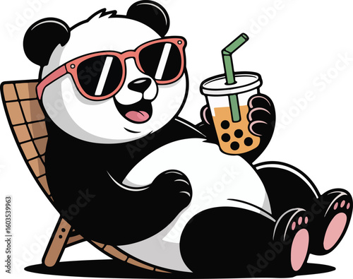 A panda relaxing with a refreshing drink, enjoying summer vibes. Transparent png vector 