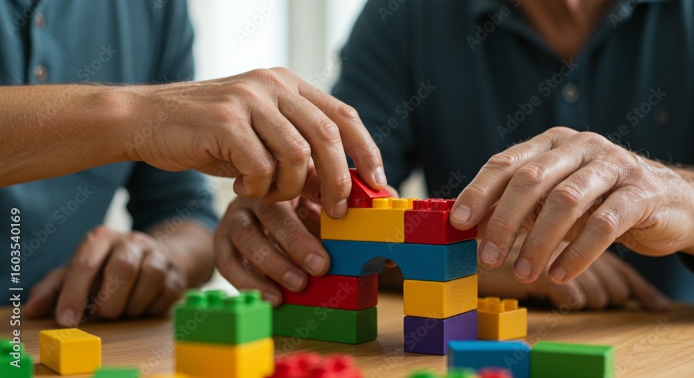 Fototapeta premium Two people building a colorful structure with plastic blocks, fostering connection and collaborative creativity. Engaging activity, hands in focus.