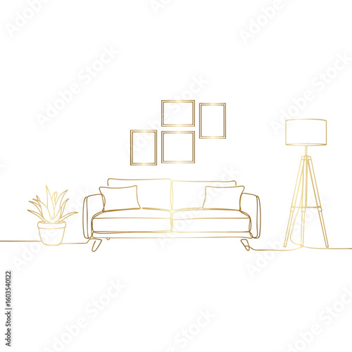 Golden Interior Outline with Sofa, Lamp, Plant, and Frames on Transparent Setting