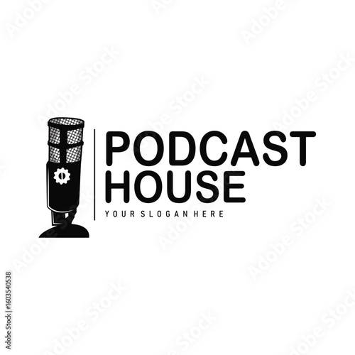 Microphone logo design, black silhouette concept of condenser microphone for podcast, simple vintage and modern design for business brand illustration template or poster