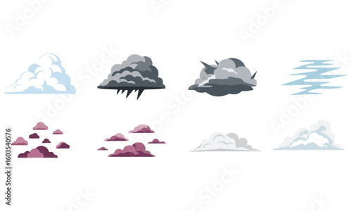 Diverse Cloud Formations Vector Set: Collection of Stylized Weather Clouds Including Cumulus, Stratus, Nimbus, and Rain Clouds for Meteorology, Design, and Educational Use.