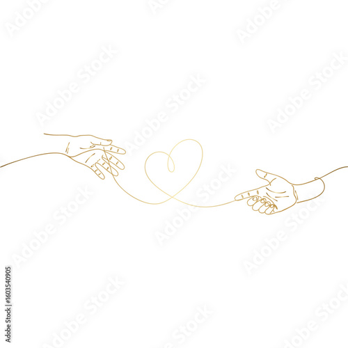 Connected Hearts Two Hands One Line Drawing Golden Illustration Transparent Background