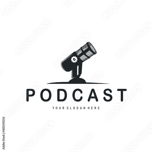 Microphone logo design, black silhouette concept of condenser microphone for podcast, simple vintage and modern design for business brand illustration template or poster