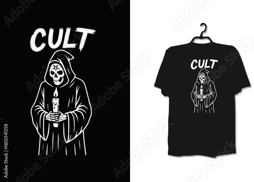 CULT Skull Cloak Design – Hooded Figure Holding Candle with Bold Occult Quote on Black Shirt