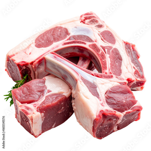 Raw goat meat cut with visible fat and bone, thick cubes for stew or curry, isolated on white.