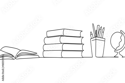 Minimalist single line drawing of books, globe, and writing tools for education