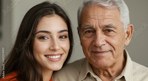 A portrait of an older man with gray hair alongside a younger woman with brown hair, both smiling slightly in a neutral indoor setting.