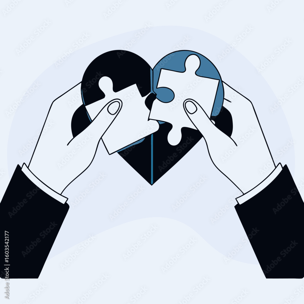 Hands holding puzzle pieces forming heart minimal vector