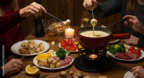 A group enjoying cheese fondue with bread vegetables and salami on a wooden table with candle light