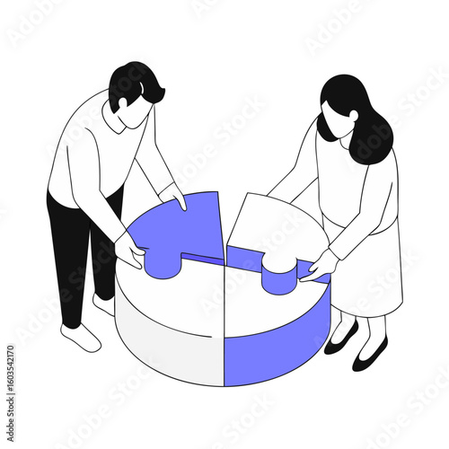 Businessman and woman assembling pie chart puzzle isometric vector