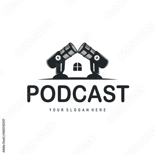 Microphone logo design, black silhouette concept of condenser microphone for podcast, simple vintage and modern design for business brand illustration template or poster