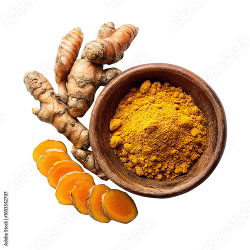 Flatlay of Herbal Turmeric Root with Neatly Arranged Sliced Pieces and A Bowl of Powdered